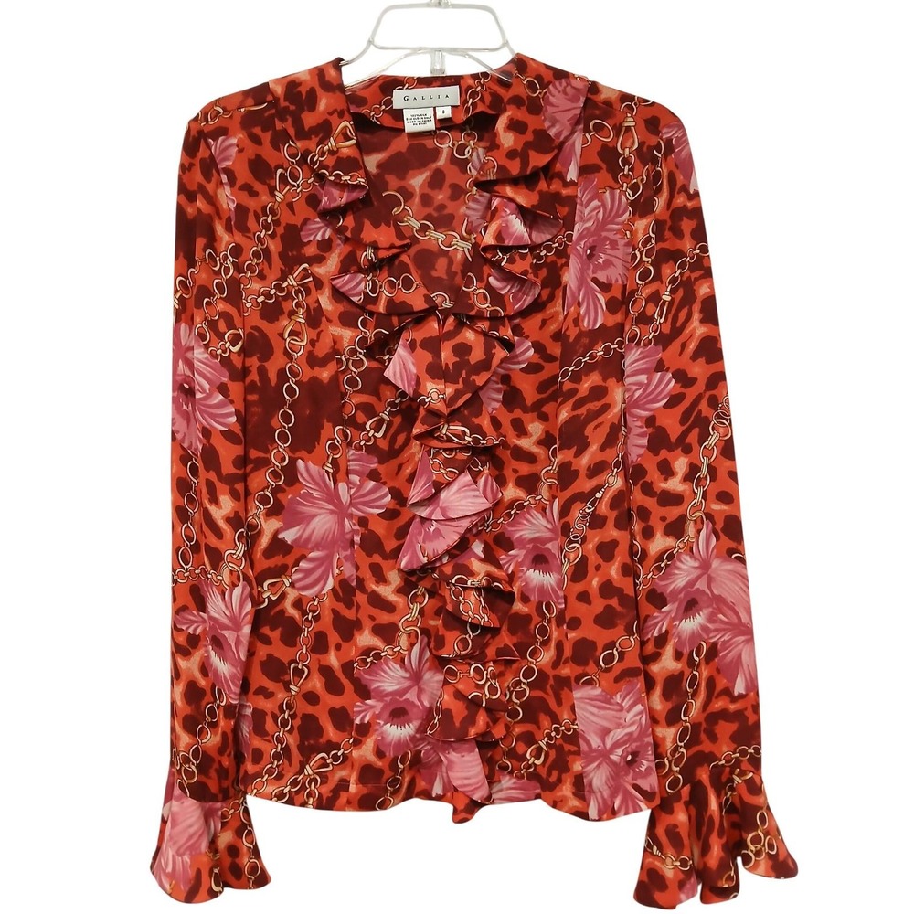 Vintage Silk Gallia Leopard Floral Chain Print Ruffle V Neck Button Blouse Sz 8 - Picture 4 of 5